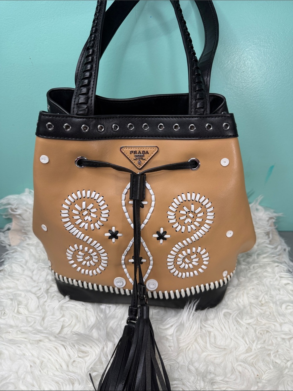 Prada Tan and Black Leather Embellished Drawstring Shoulder Bag
